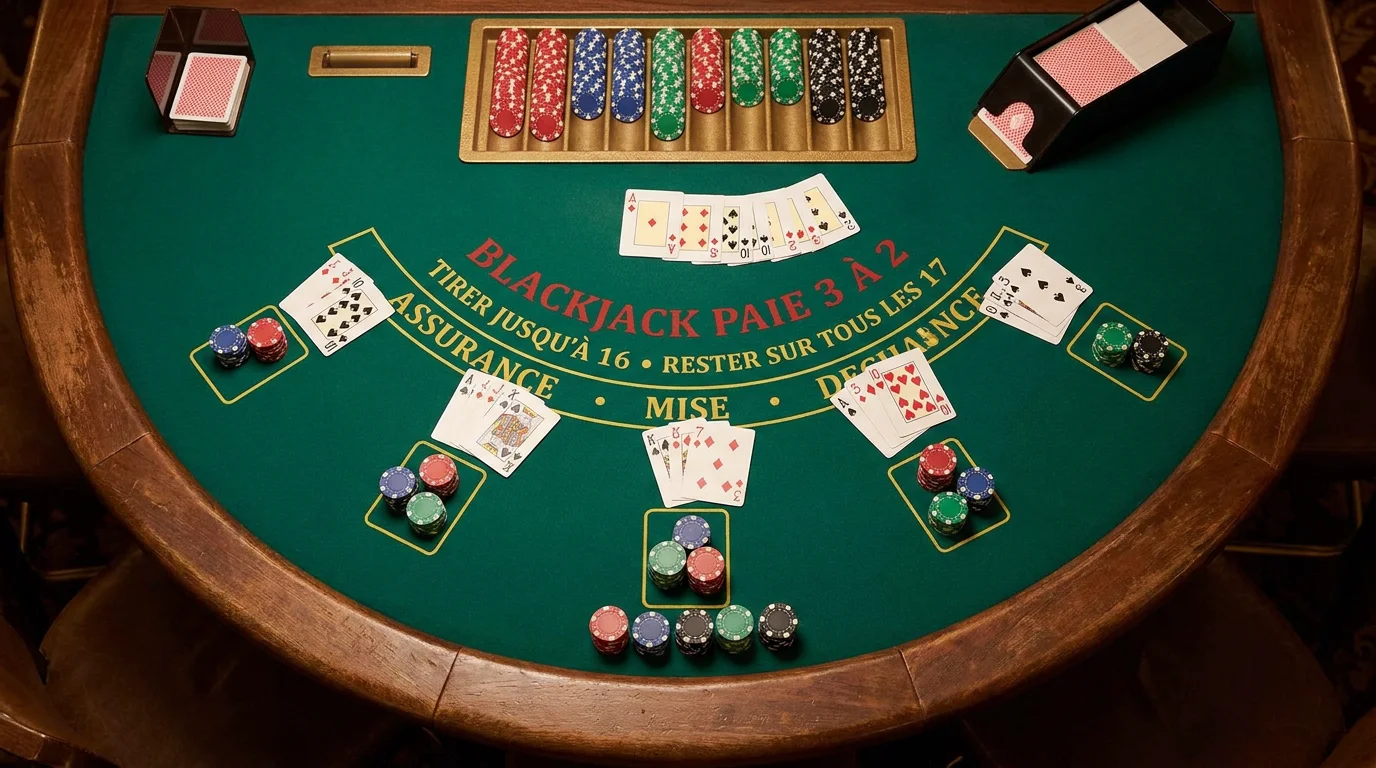 Table de blackjack avec plusieurs mains de cartes et des jetons de casino