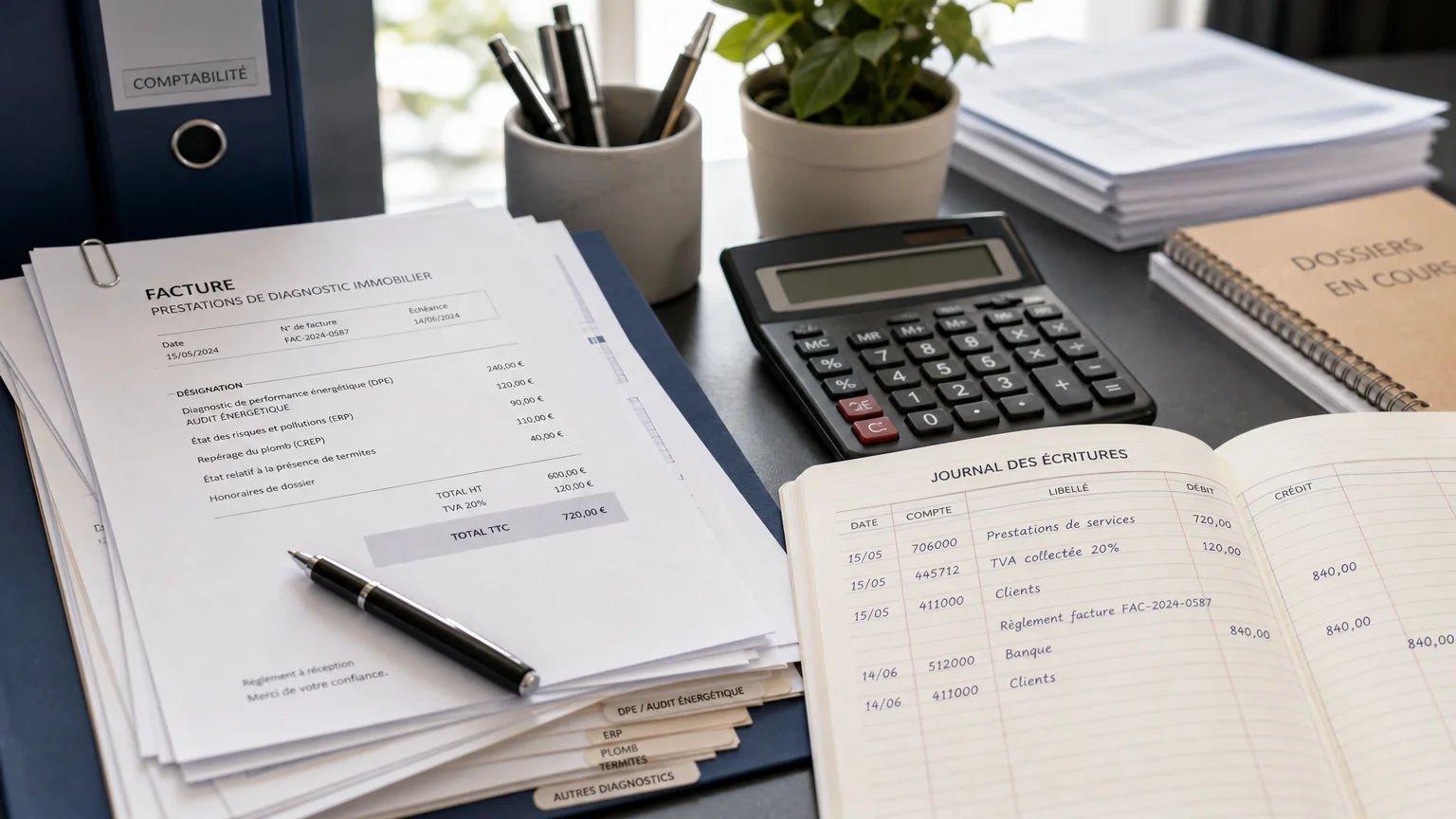 Bureau d'un comptable avec factures de diagnostic immobilier et registre comptable