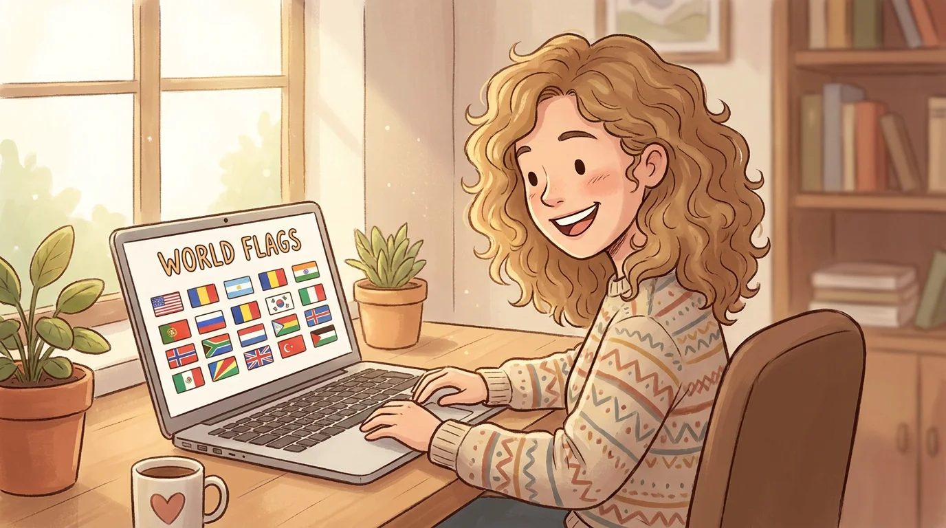 Person happily playing a world flags quiz game on a laptop