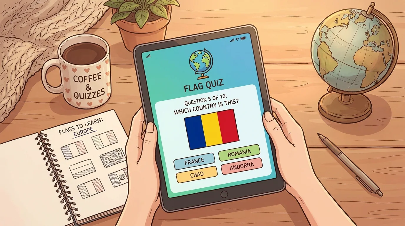 Tablet showing a flag quiz game on a cozy desk with a globe and notebook