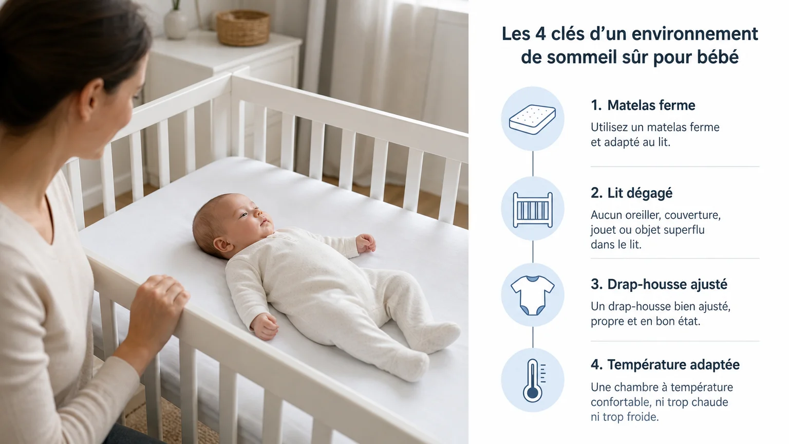 Bébé couché sur le dos dans un espace de sommeil dégagé et sécurisé.
