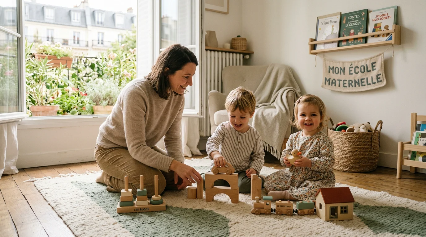 Une nounou à domicile joue avec deux enfants dans un salon lumineux