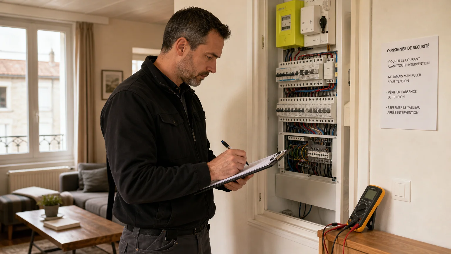 Diagnostiqueur immobilier certifié contrôlant un tableau électrique lors d'une visite
