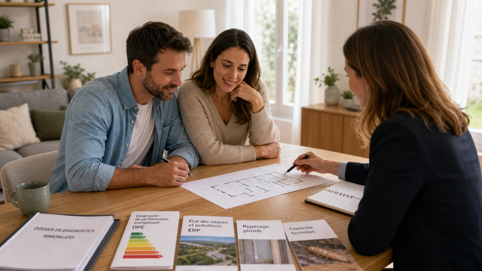 Propriétaires examinant leur dossier de diagnostics immobiliers avec un conseiller