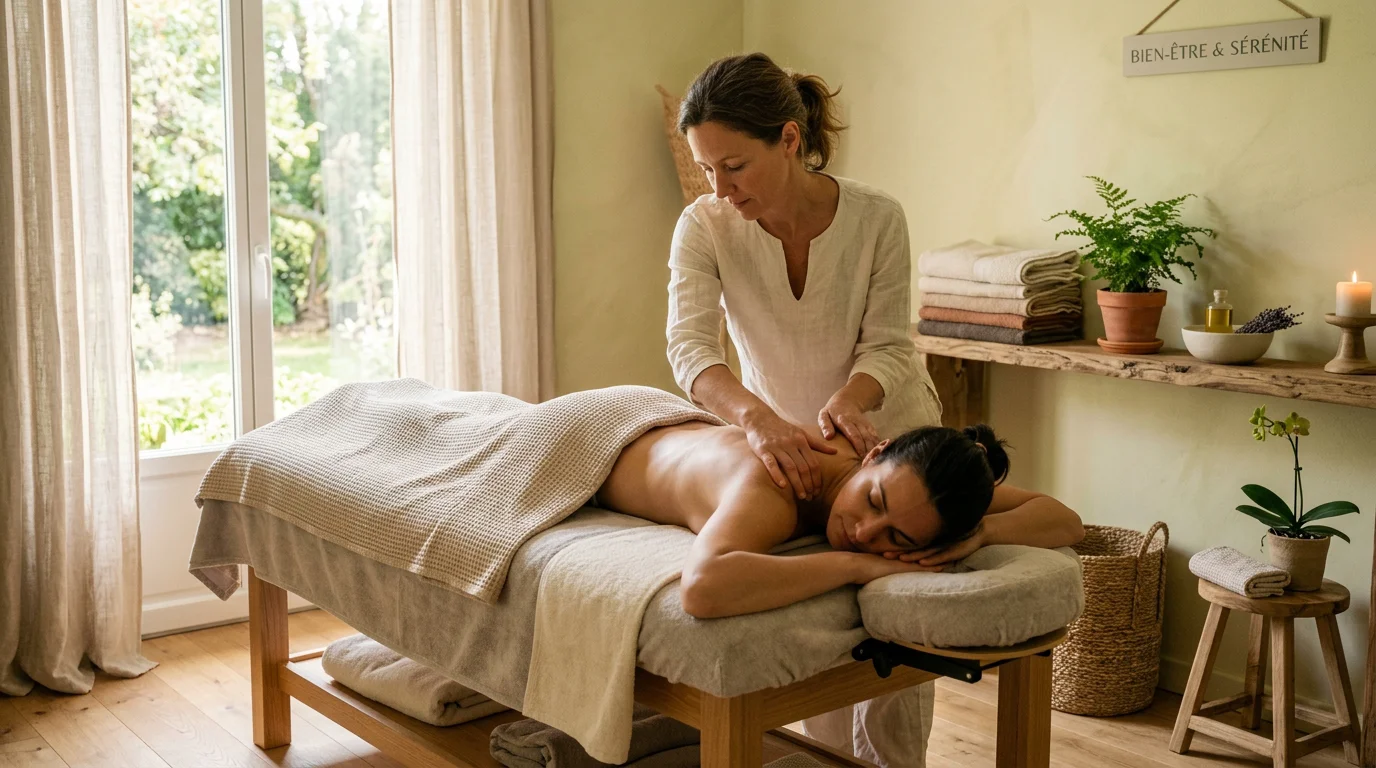 Praticienne réalisant un massage bien-être du dos sur une cliente détendue