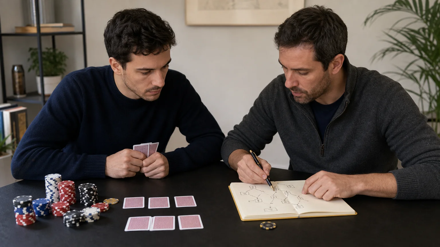 Deux joueurs analysent ensemble une décision de poker avec un carnet de travail