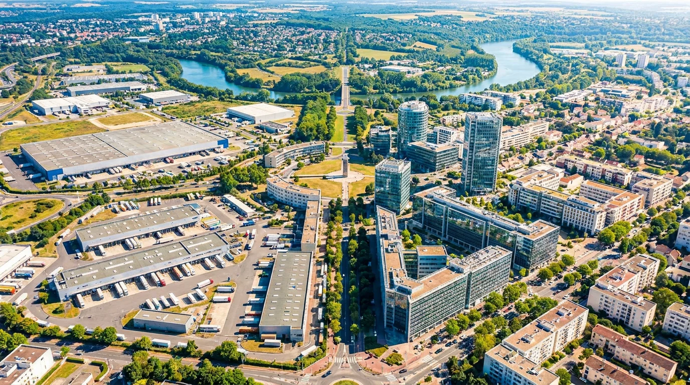 Vue aérienne de l'agglomération de Cergy-Pontoise avec ses zones d'activité économique