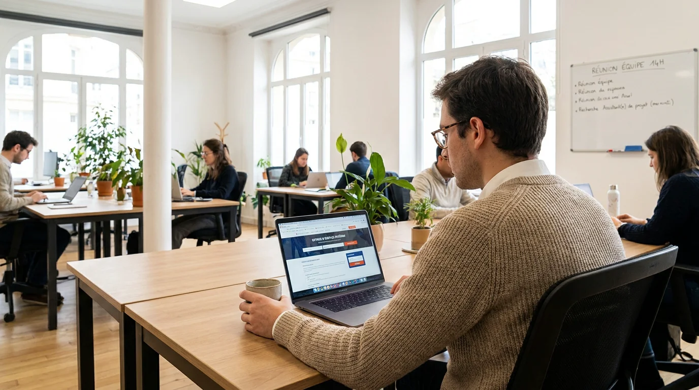 Personne recherchant des offres d'intérim sur un ordinateur dans un espace de coworking