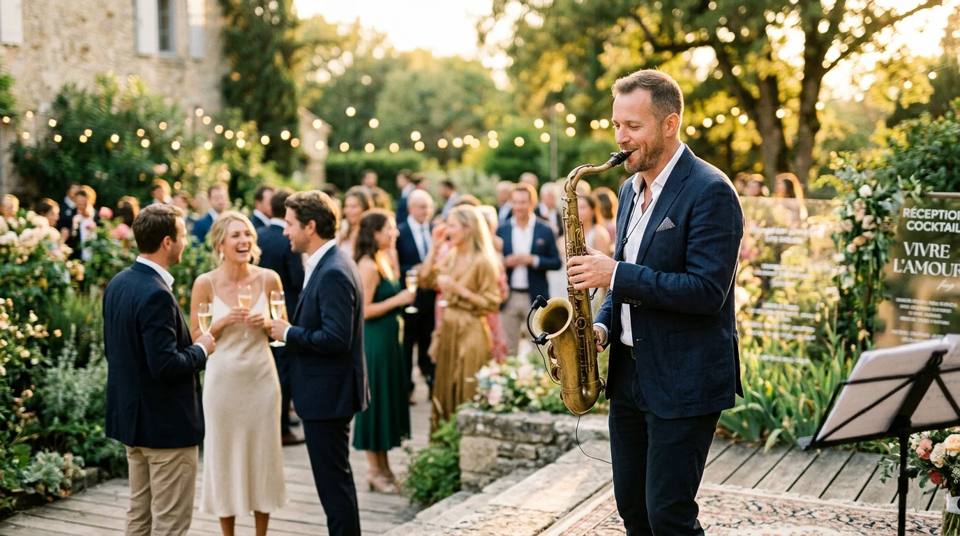 Saxophoniste jouant pendant le cocktail d'un mariage au coucher du soleil