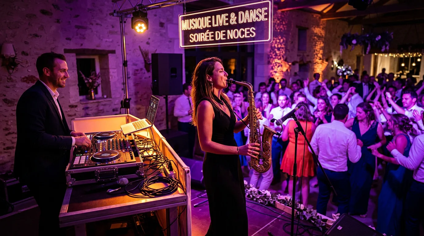 Duo saxophoniste et DJ animant la soirée dansante d'un mariage