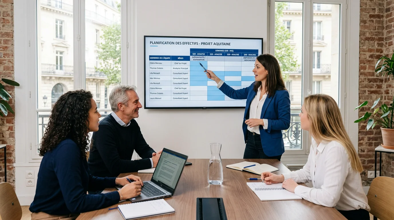 Équipe d'une société de conseil arbitrant le staffing de ses consultants