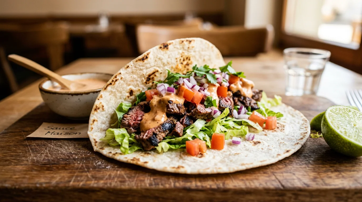 Tacos frais garni de viande grillée et de légumes croquants