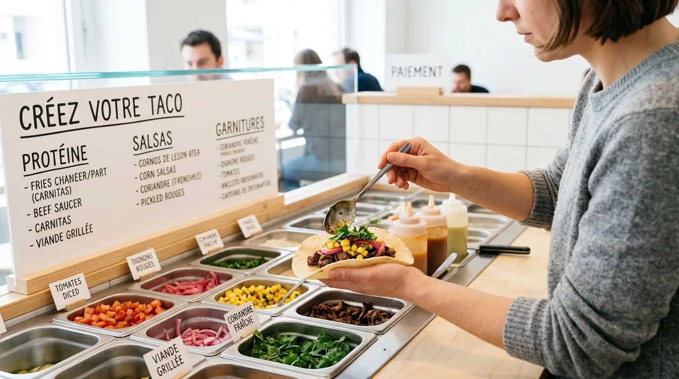 Composition d'un tacos frais sur mesure au comptoir