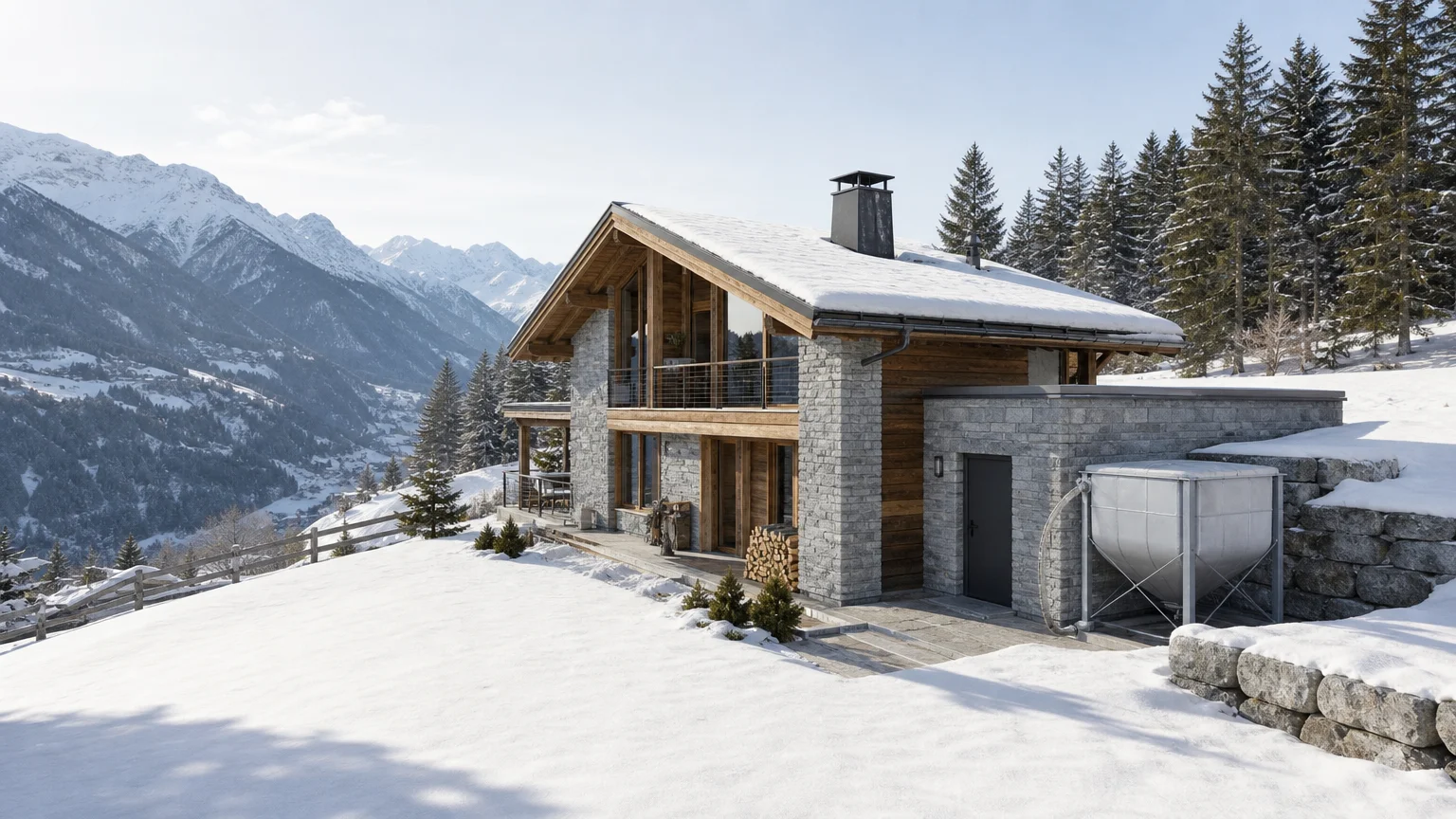 Maison valaisanne équipée d’un chauffage aux pellets dans un paysage alpin