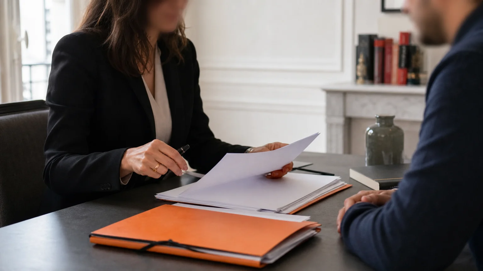 Échange confidentiel entre une avocate et un client autour de documents dans un bureau sobre