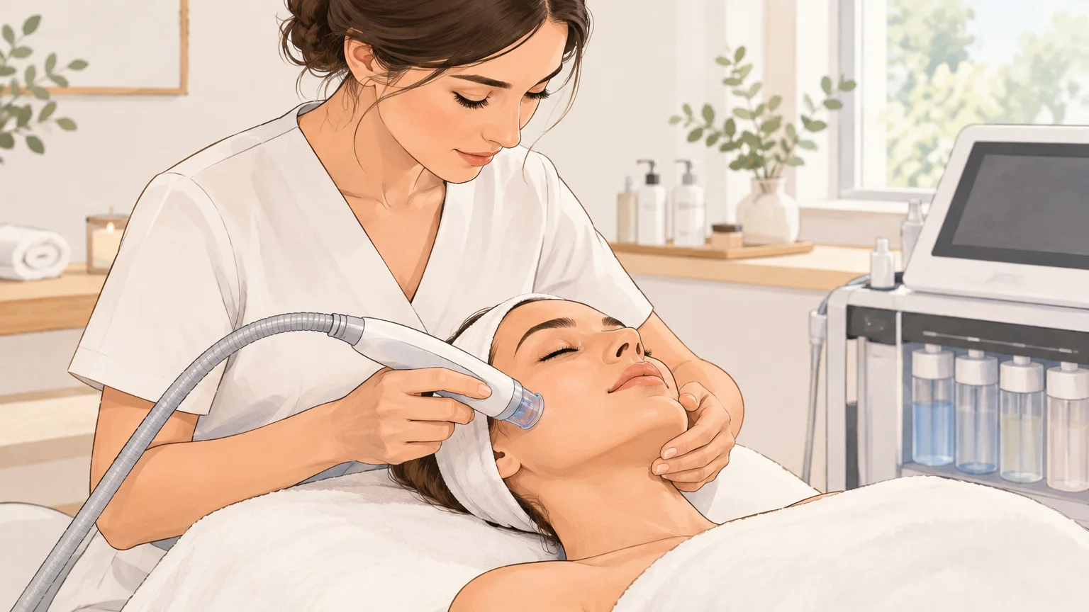 Une praticienne ajuste l’appareil pendant un soin du visage en cabine