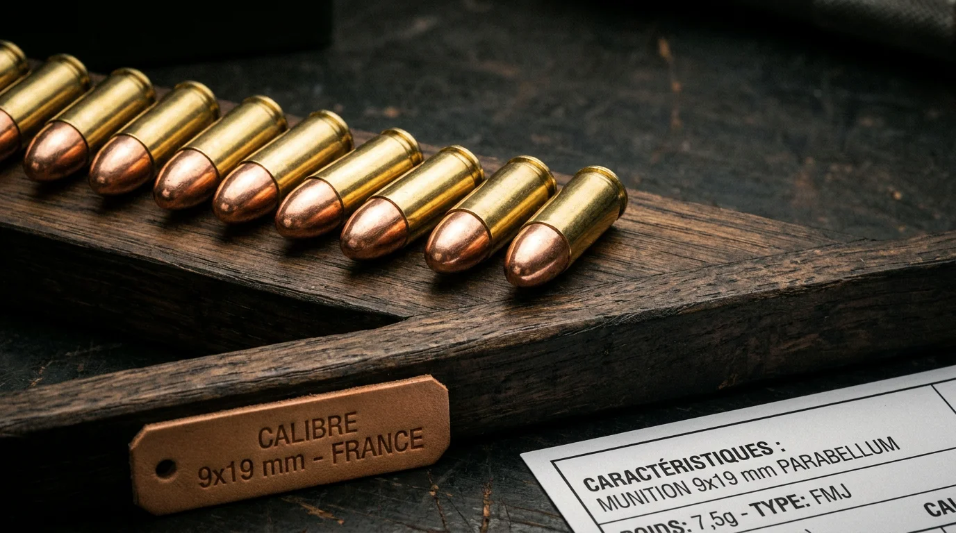 Cartouches 9 mm Parabellum alignées sur une surface en bois, montrant les douilles en laiton et les ogives