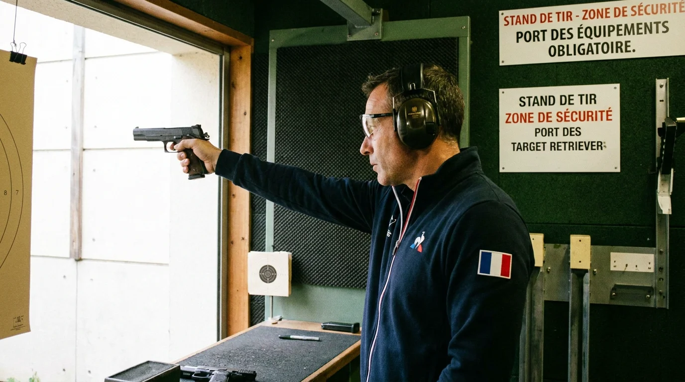 Tireur sportif en stand de tir intérieur en France avec pistolet semi-automatique 9 mm