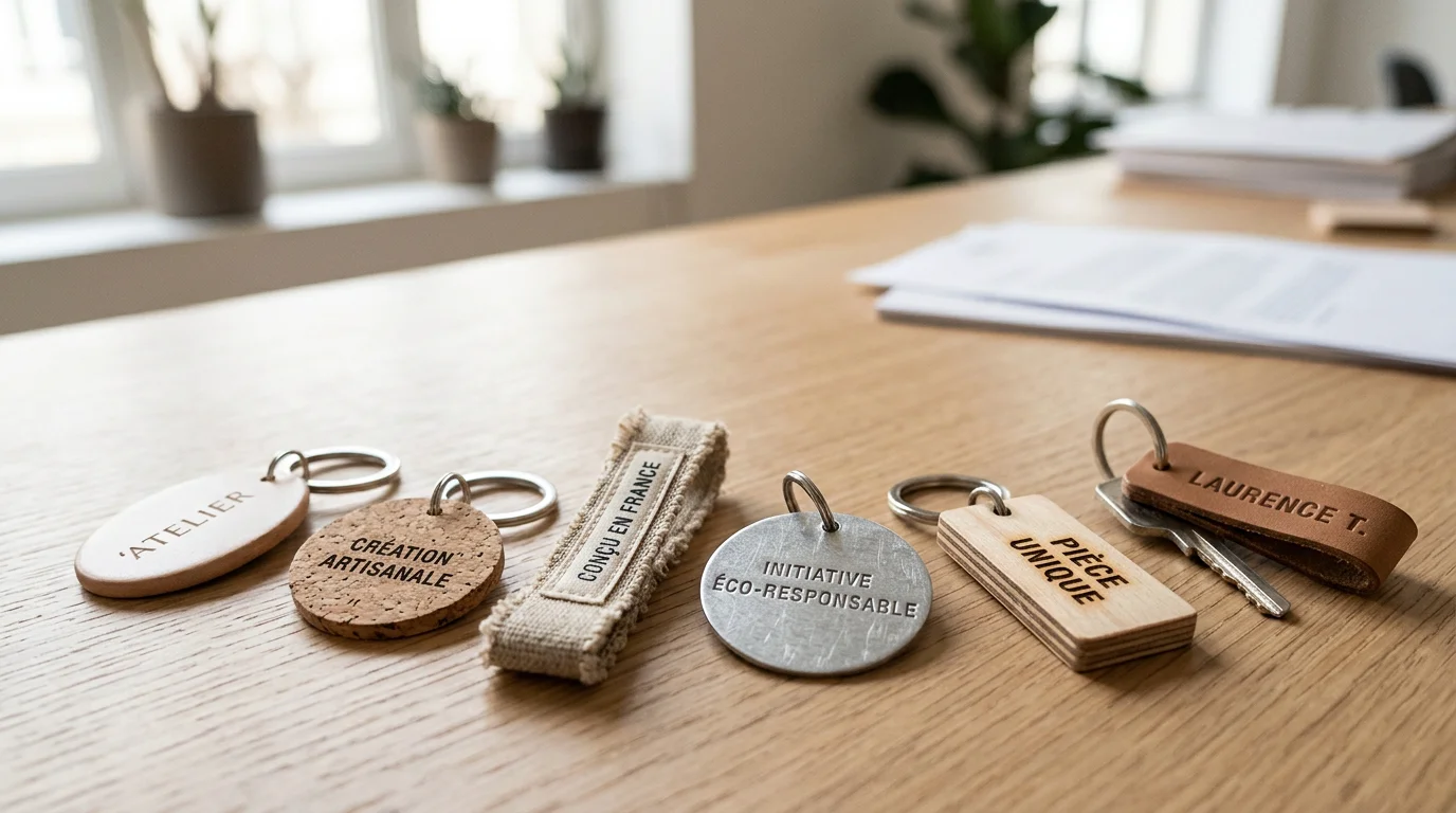 Assortiment de porte-clés publicitaires en bois, métal recyclé et tissu sur un bureau