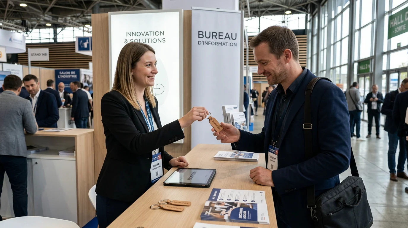 Distribution d'un porte-clés publicitaire sur un stand de salon professionnel