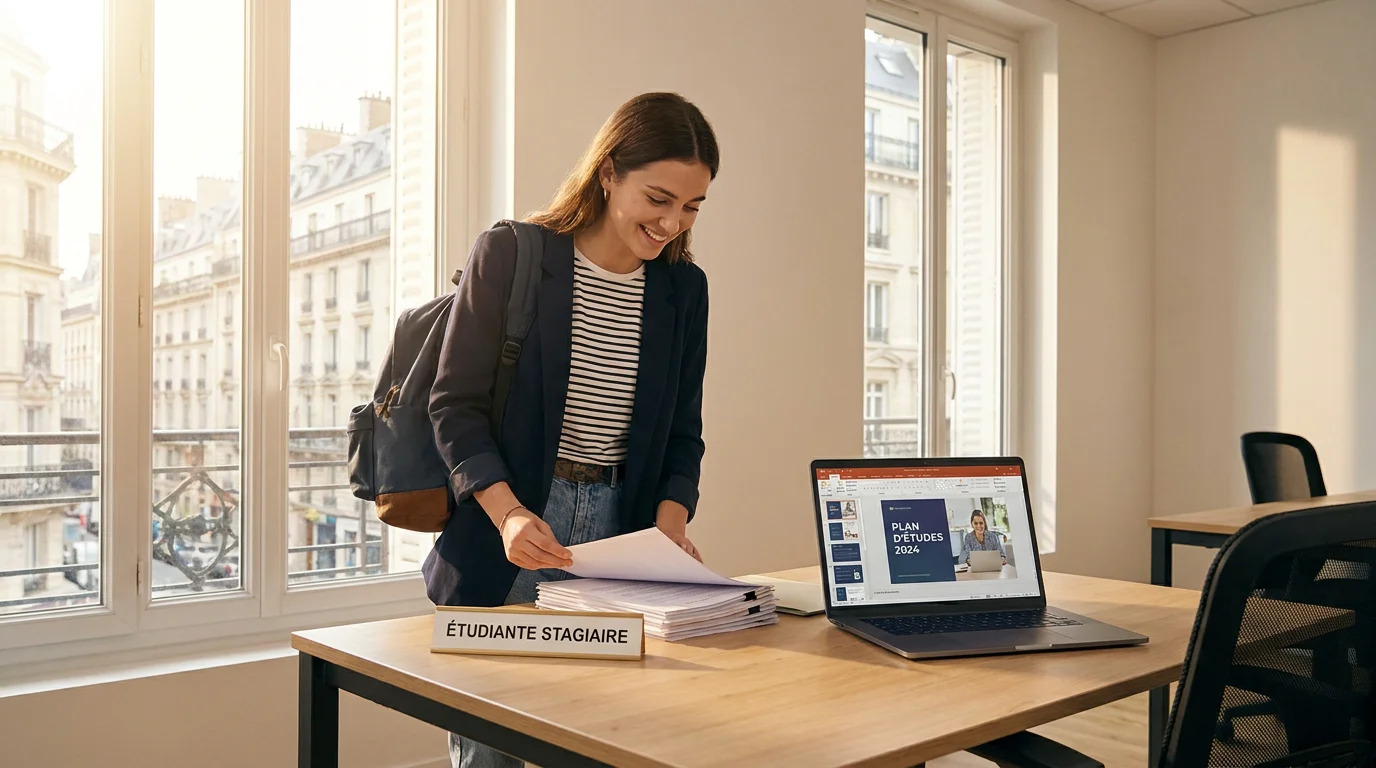 Étudiant consultant des offres de stage sur son ordinateur dans un bureau lumineux