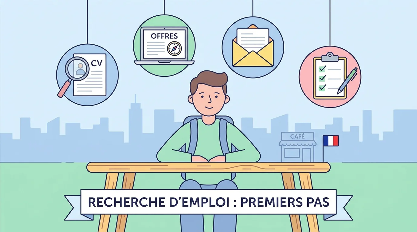 Illustration d'un étudiant entouré d'icônes de recherche de stage