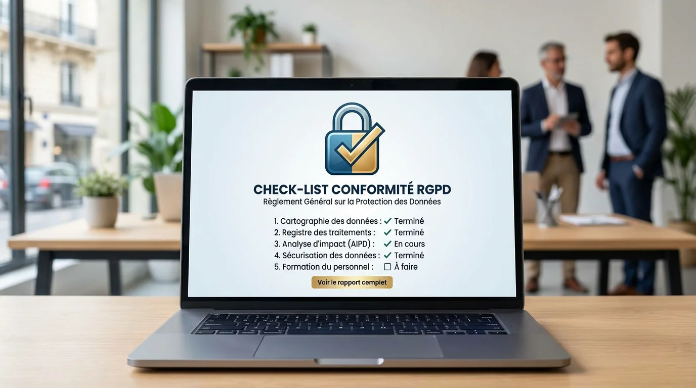 Écran d'ordinateur affichant une checklist de conformité RGPD pour un site internet