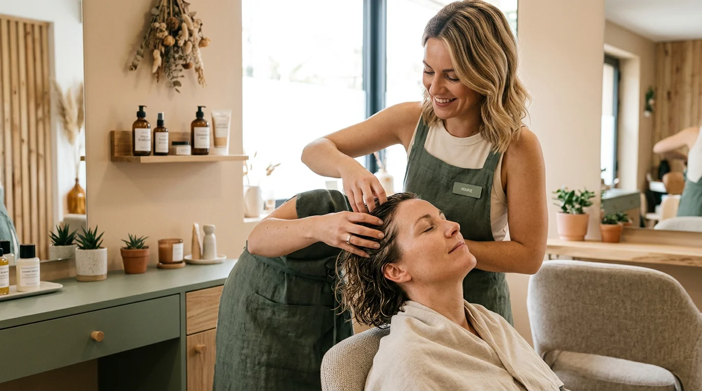 Praticienne réalisant un massage du cuir chevelu Head Spa en salon
