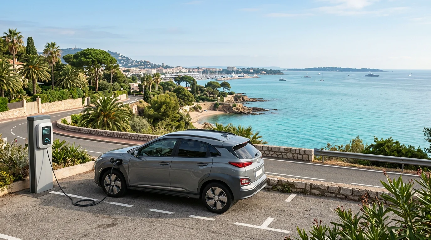 Grey electric compact SUV charging beside the Mediterranean coast near Cannes