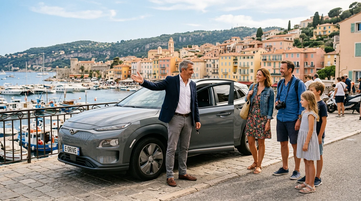 European chauffeur sharing local history with passengers beside a grey electric SUV on the Riviera