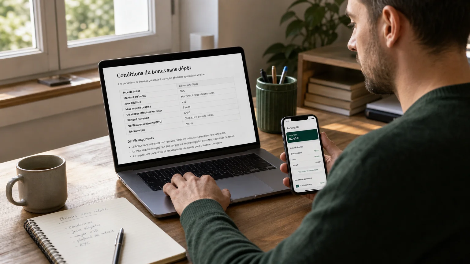 Joueur consultant les conditions d’un bonus crypto sans dépôt