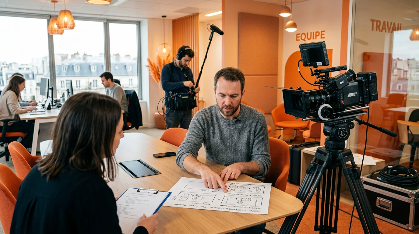 Réalisateur préparant la structure narrative d'une vidéo marque employeur pendant un tournage