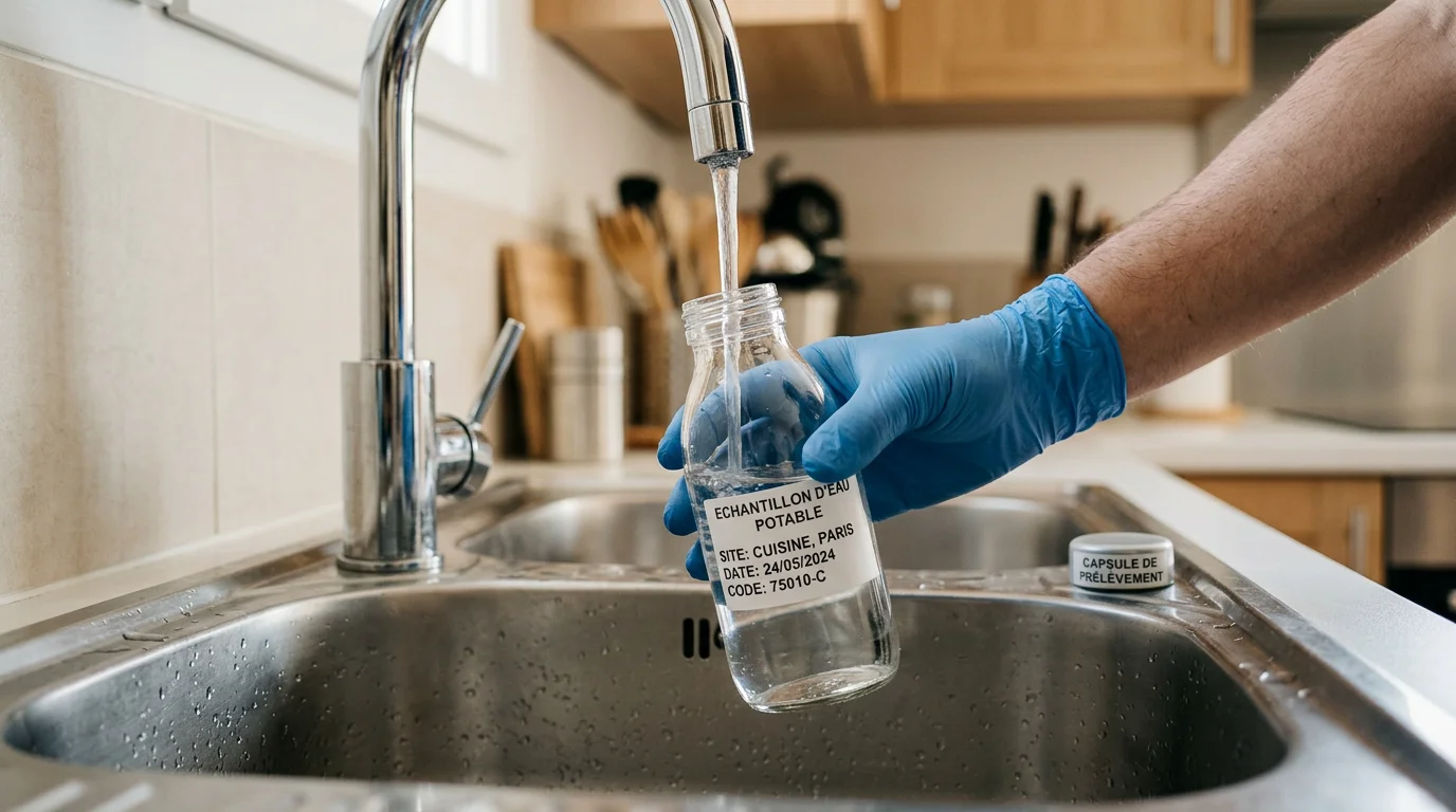 Prélèvement d'un échantillon d'eau du robinet pour analyse du plomb