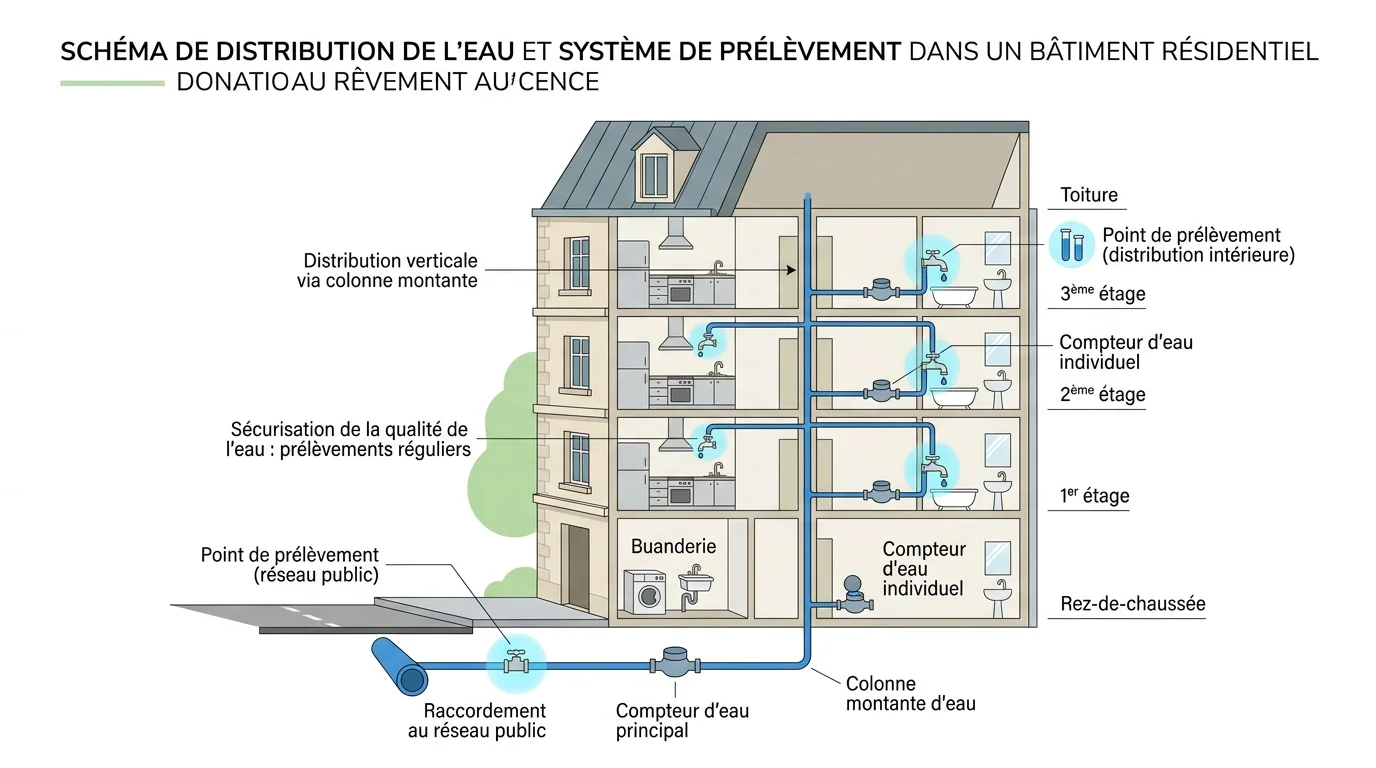 Schéma des points de prélèvement d'eau dans un immeuble