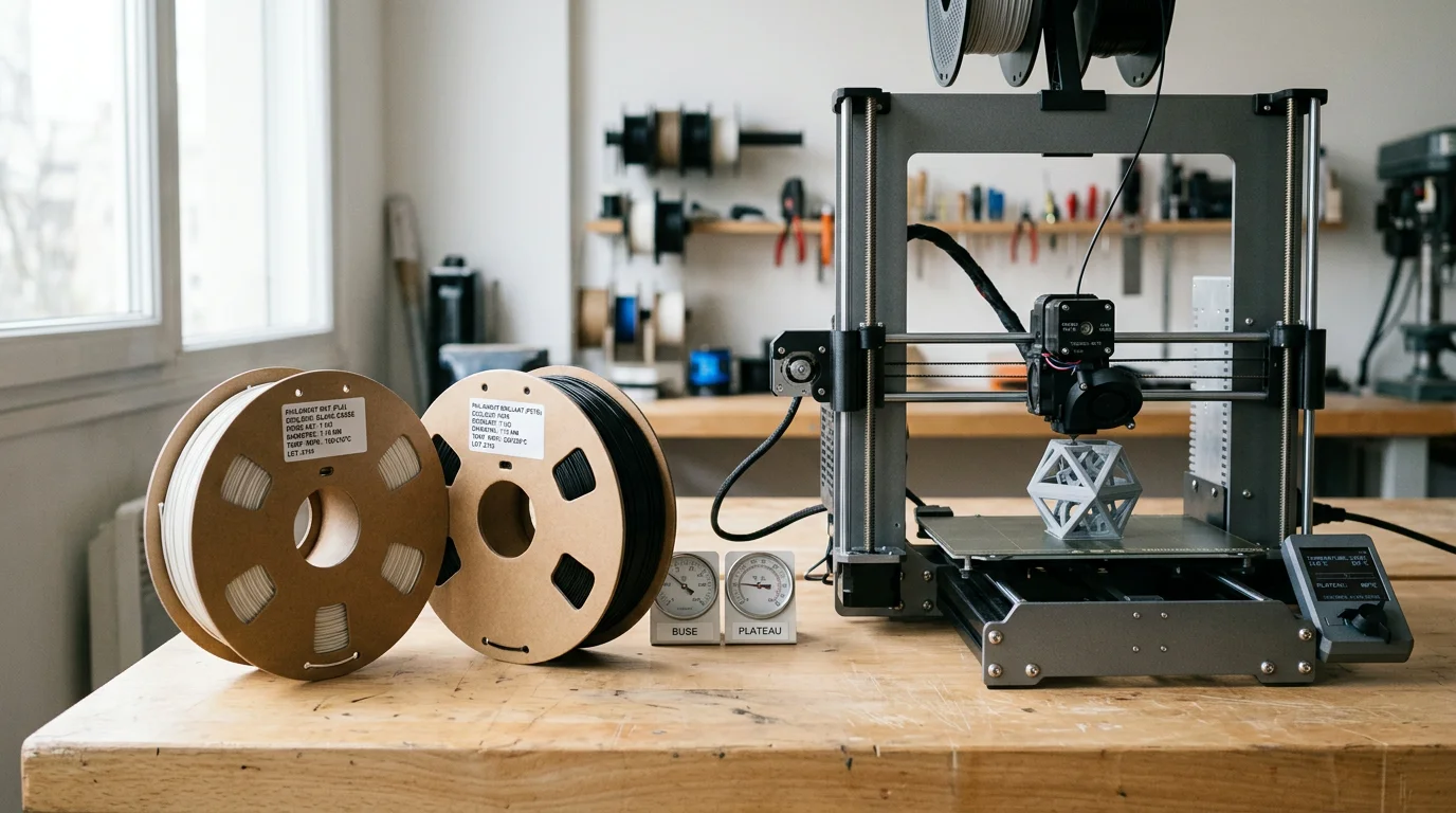 Deux bobines de filament PLA et ABS posées près d'une imprimante 3D FDM