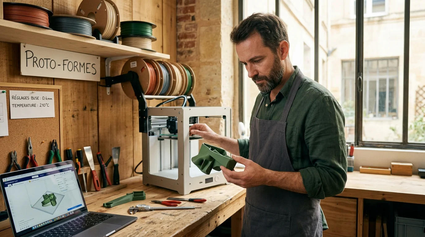 Un maker européen examine une pièce imprimée en 3D dans son atelier