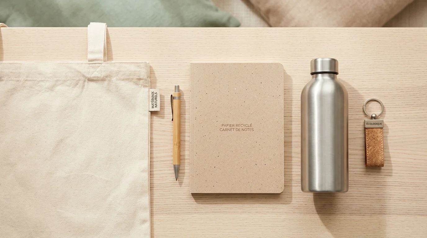Objets publicitaires éco-responsables en petite série présentés sur un bureau