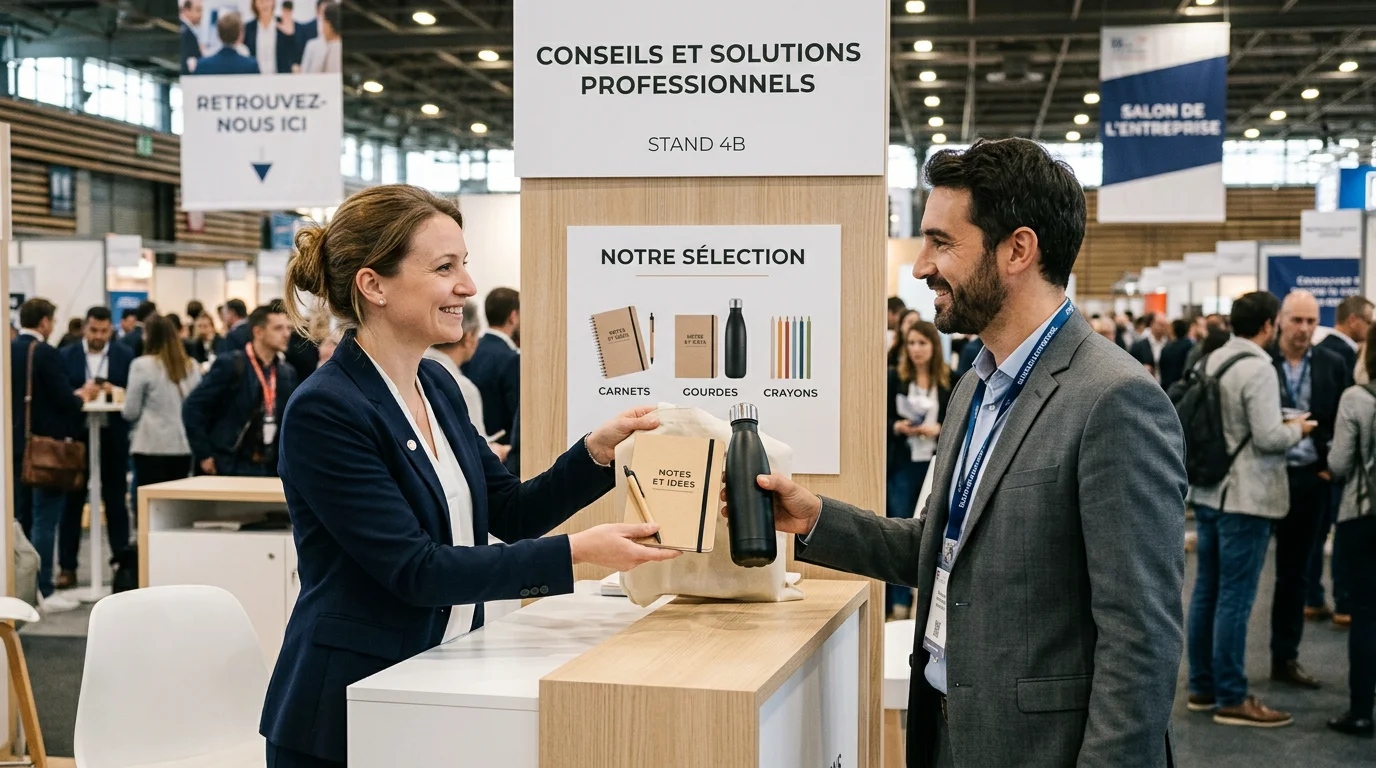 Distribution de goodies personnalisés en petite série sur un stand de salon professionnel