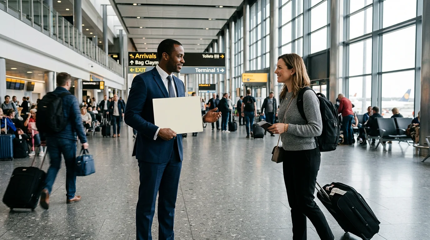 Chauffeur meeting a traveler in an airport arrivals hall with a name sign