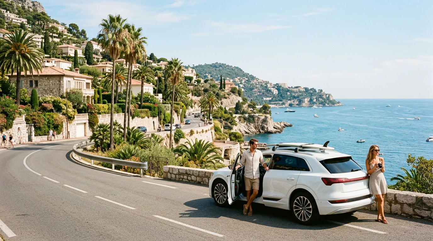 Electric SUV parked on a coastal French Riviera road by the sea