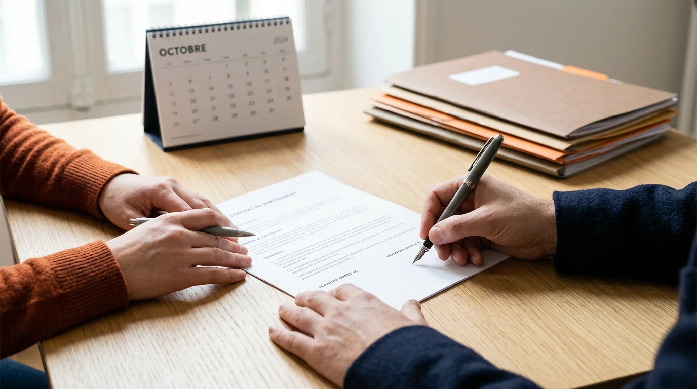 Mains signant un document juridique sur un bureau clair