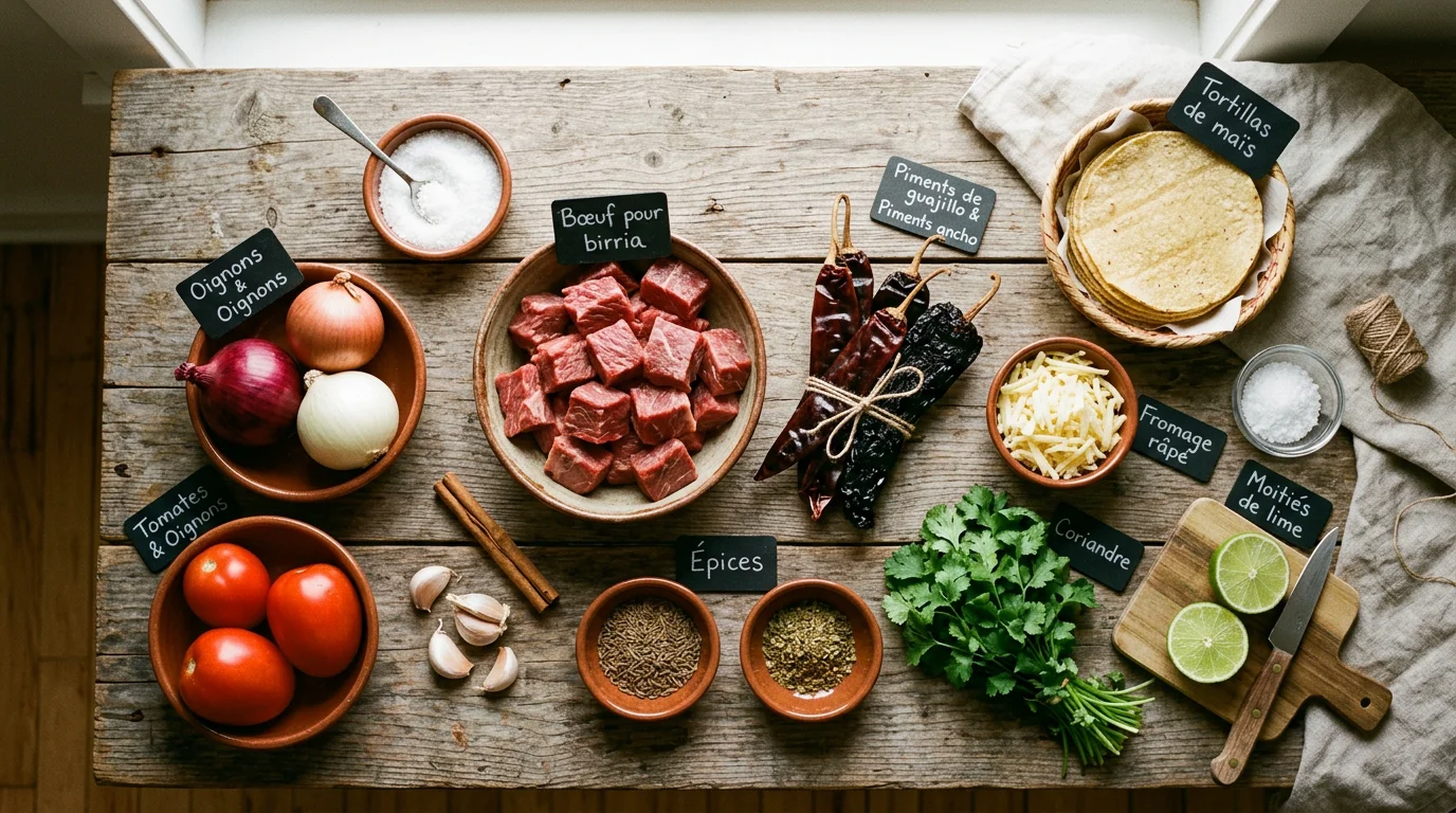 Ingrédients disposés à plat pour préparer des birria tacos maison