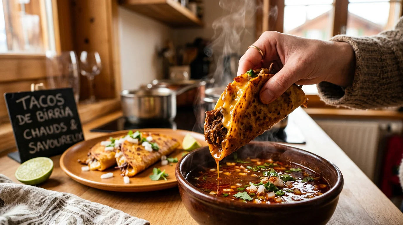 Birria taco croustillant trempé dans un bol de consommé rouge