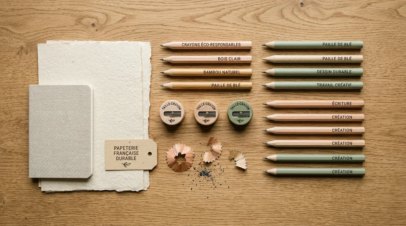 Taille-crayons en bois et bambou éco-responsables présentés sur un bureau en bois
