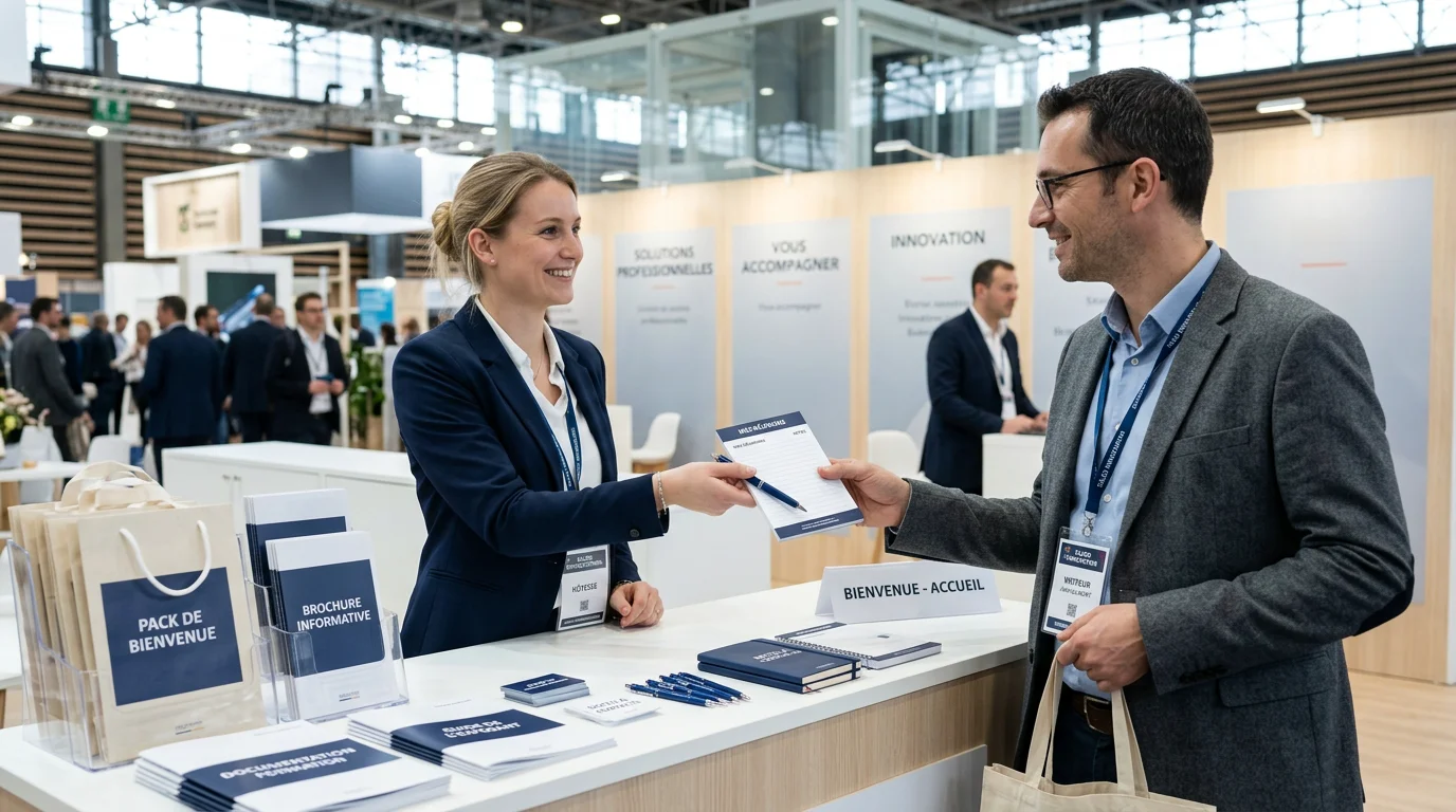 Distribution d'un set d'écriture personnalisé sur un stand de salon professionnel