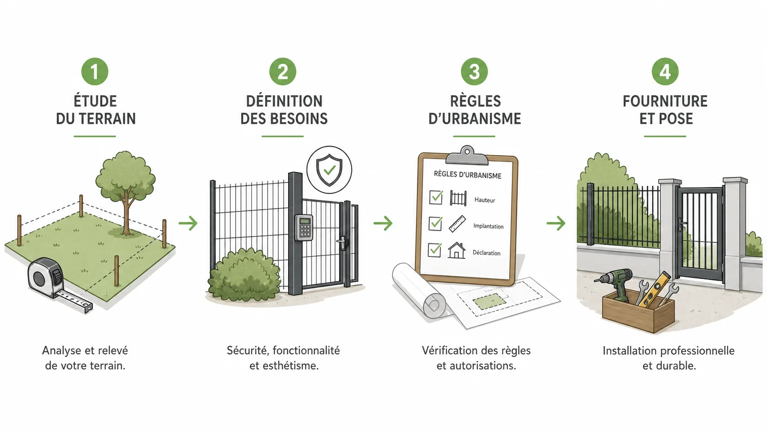 Infographie en français présentant quatre critères pour préparer une pose de clôture