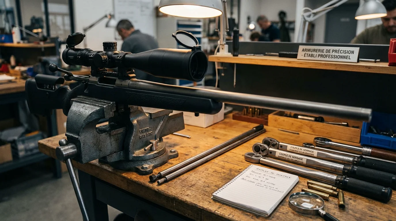 Atelier professionnel de montage d'optique sur carabine avec outils de précision