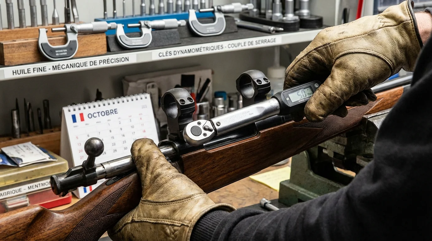 Réglage professionnel de colliers d'optique avec clé dynamométrique sur carabine de chasse