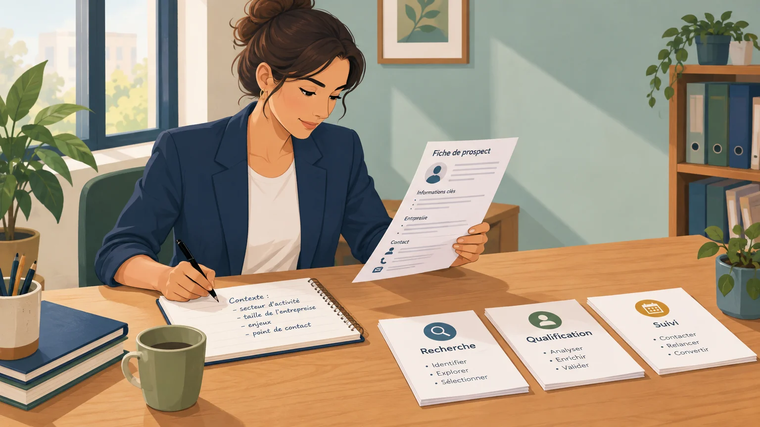 Commerciale qui qualifie un prospect avant de préparer une prise de contact