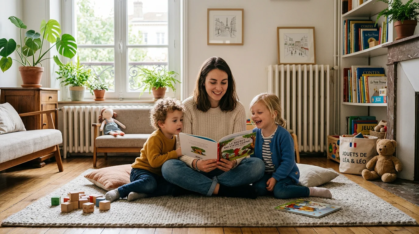 Une nounou à domicile lit une histoire à deux jeunes enfants dans un salon
